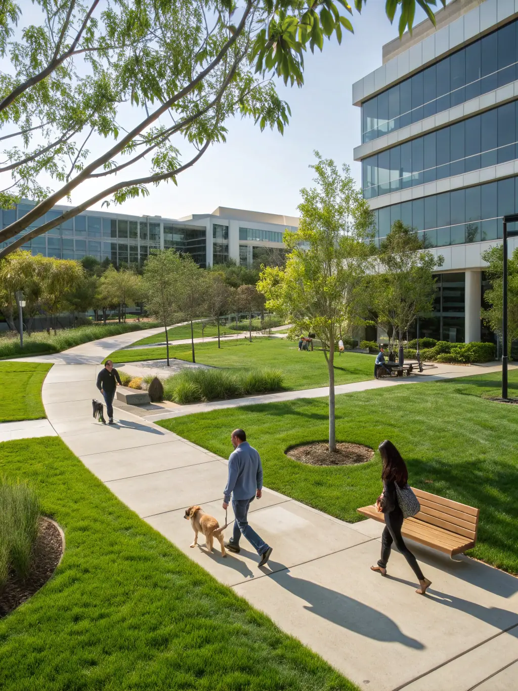 An office park with green spaces and employees walking their dogs during lunch break, representing a property benefiting from 3x weekly service.