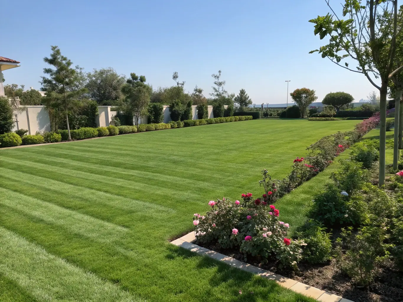 A well-maintained commercial property with lush green grass and no visible pet waste, showcasing the aesthetic benefits of regular pet waste removal services.