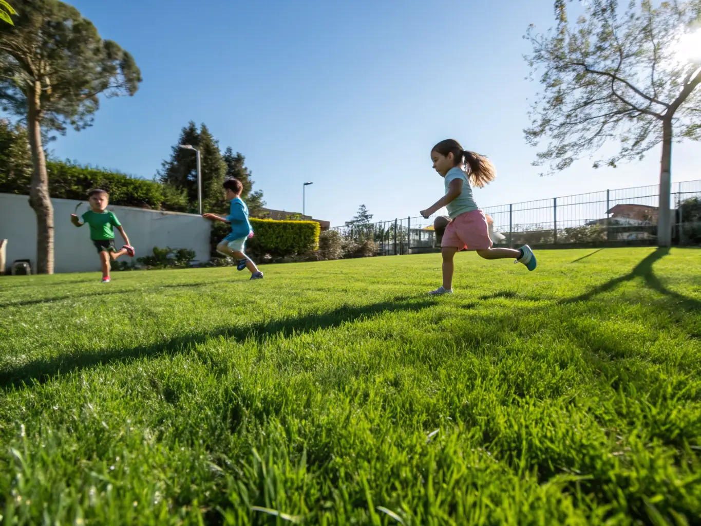 A commercial property with children playing safely in a pet waste-free area, highlighting the health benefits of professional pet waste removal.